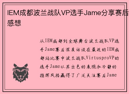 IEM成都波兰战队VP选手Jame分享赛后感想