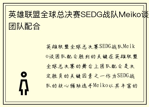 英雄联盟全球总决赛SEDG战队Meiko谈团队配合