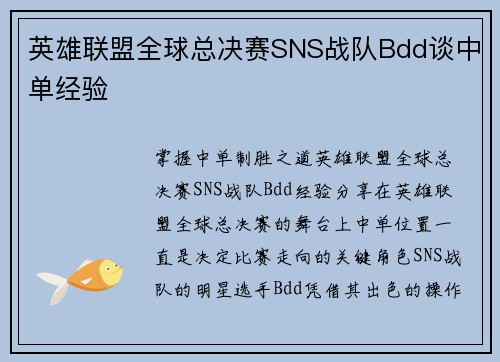 英雄联盟全球总决赛SNS战队Bdd谈中单经验