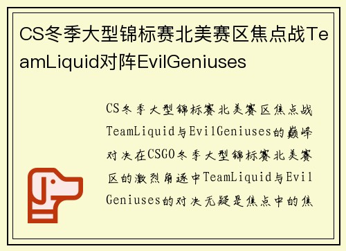 CS冬季大型锦标赛北美赛区焦点战TeamLiquid对阵EvilGeniuses